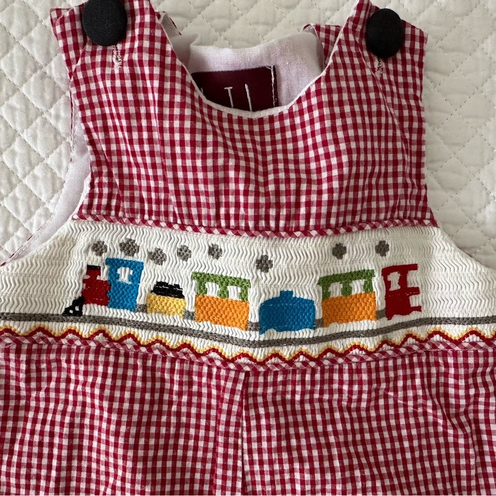 Lil' Cactus Smocked Train Red Gingham Romper SZ 3-6M